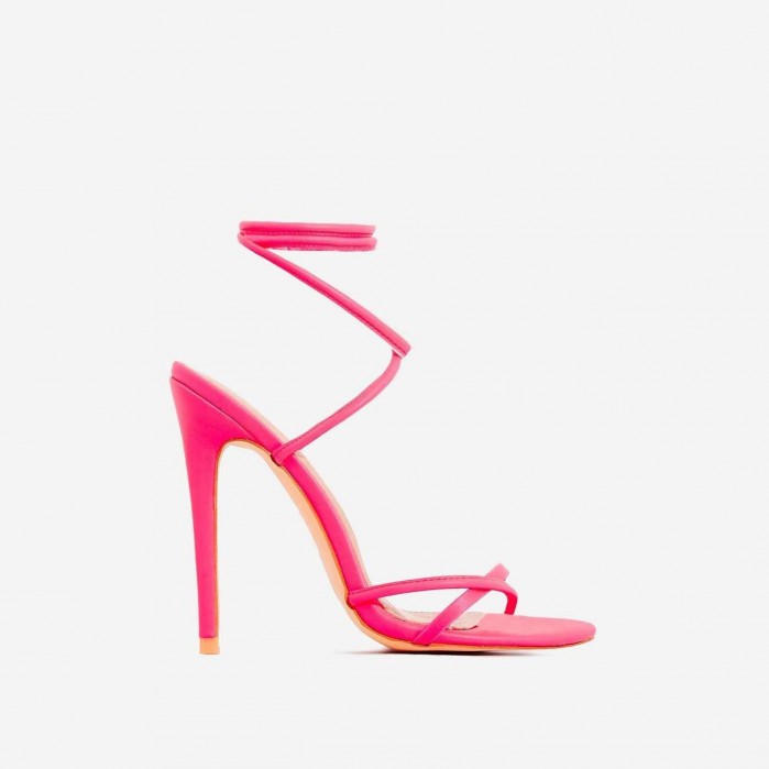 EGO Rochelle Lace Up Barely There Heel In Neon Pink Faux Leather ...