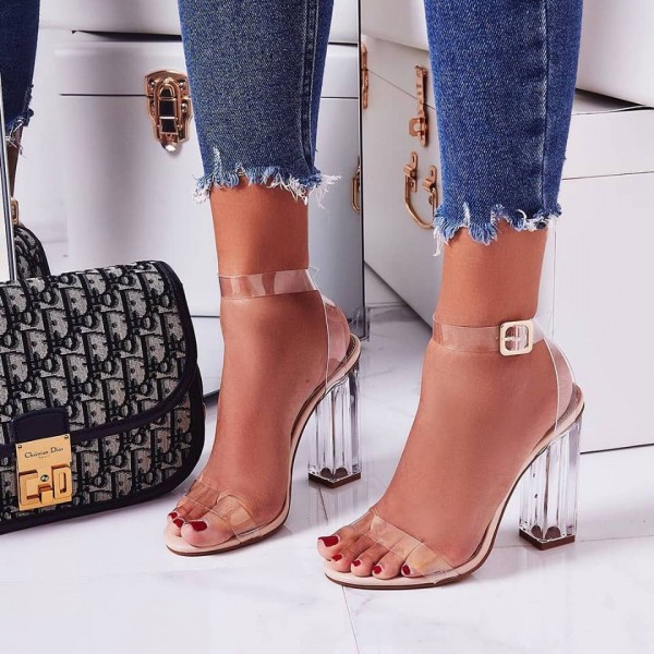 mercie barely there perspex block clear heel in nude patent
