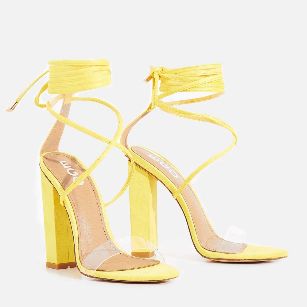 EGO Bello Perspex Lace Up Block Heel In Yellow Faux Suede – Shoes Post