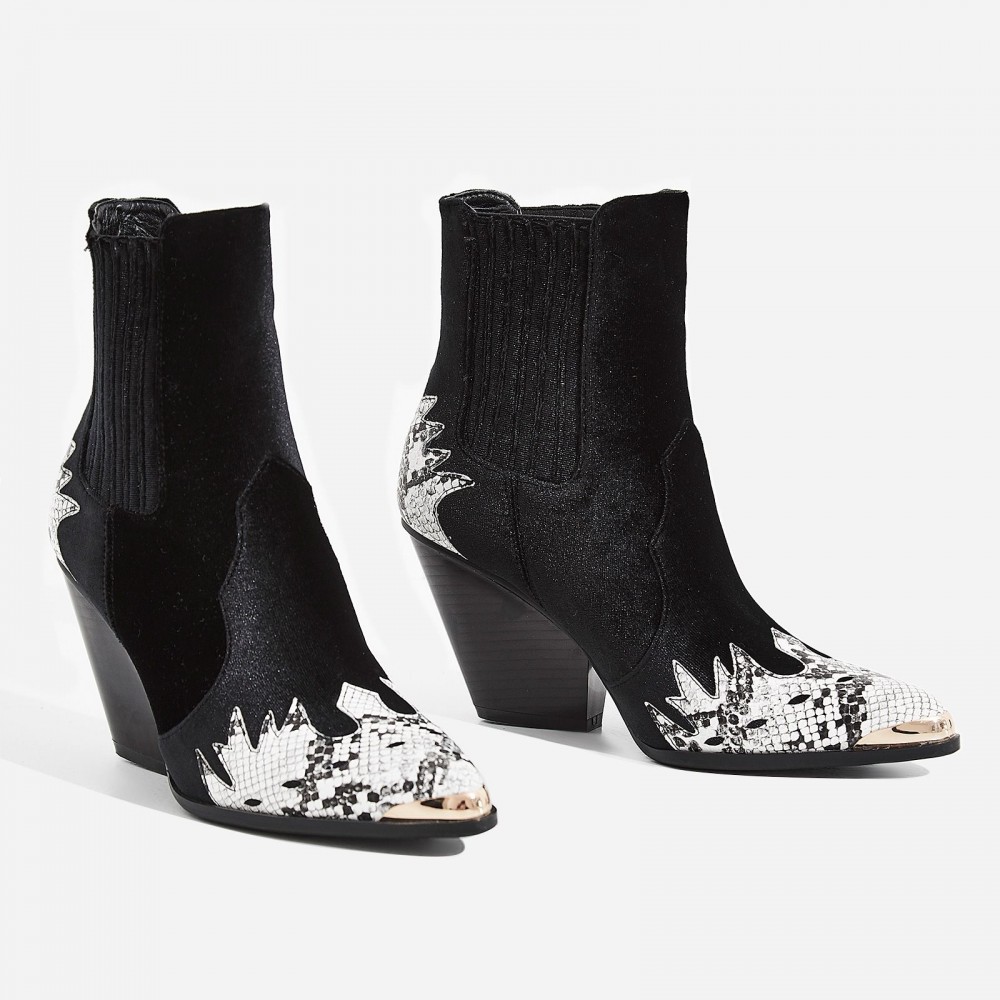 Kelsey Western Ankle Boot In Snake Print Black Velvet – Shoes Post