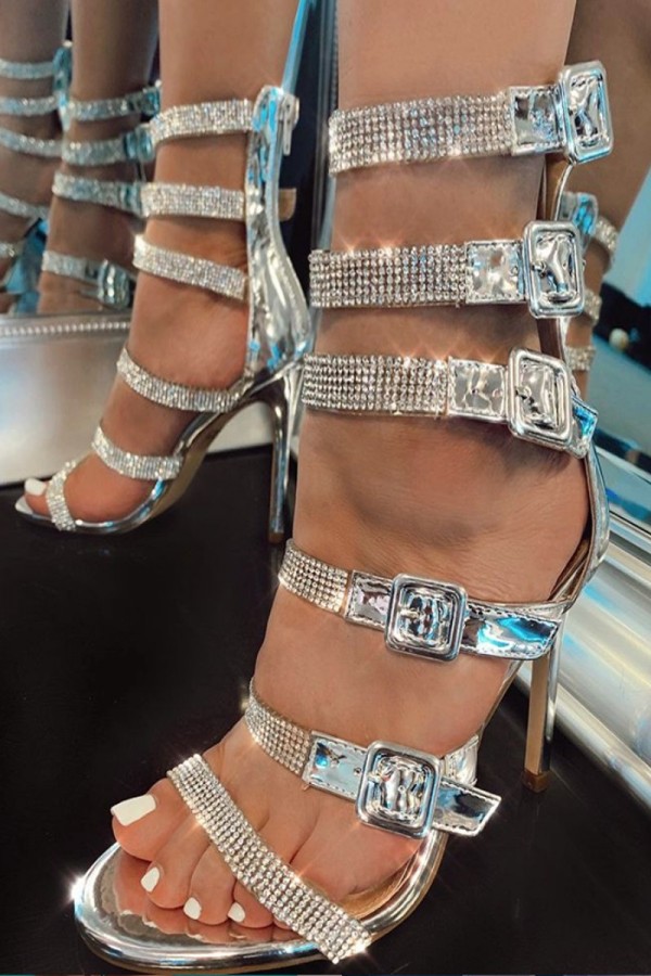 Silver Strappy Rhinestones High Heels Shoes Post