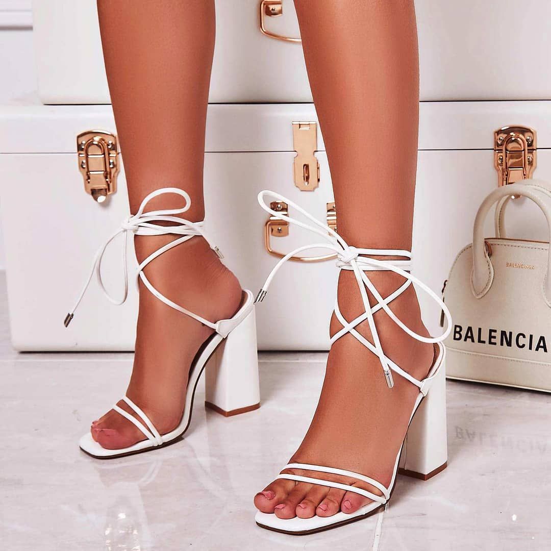 Leigh Lace Up Square Toe Block Heel In White Faux Leather – Shoes Post