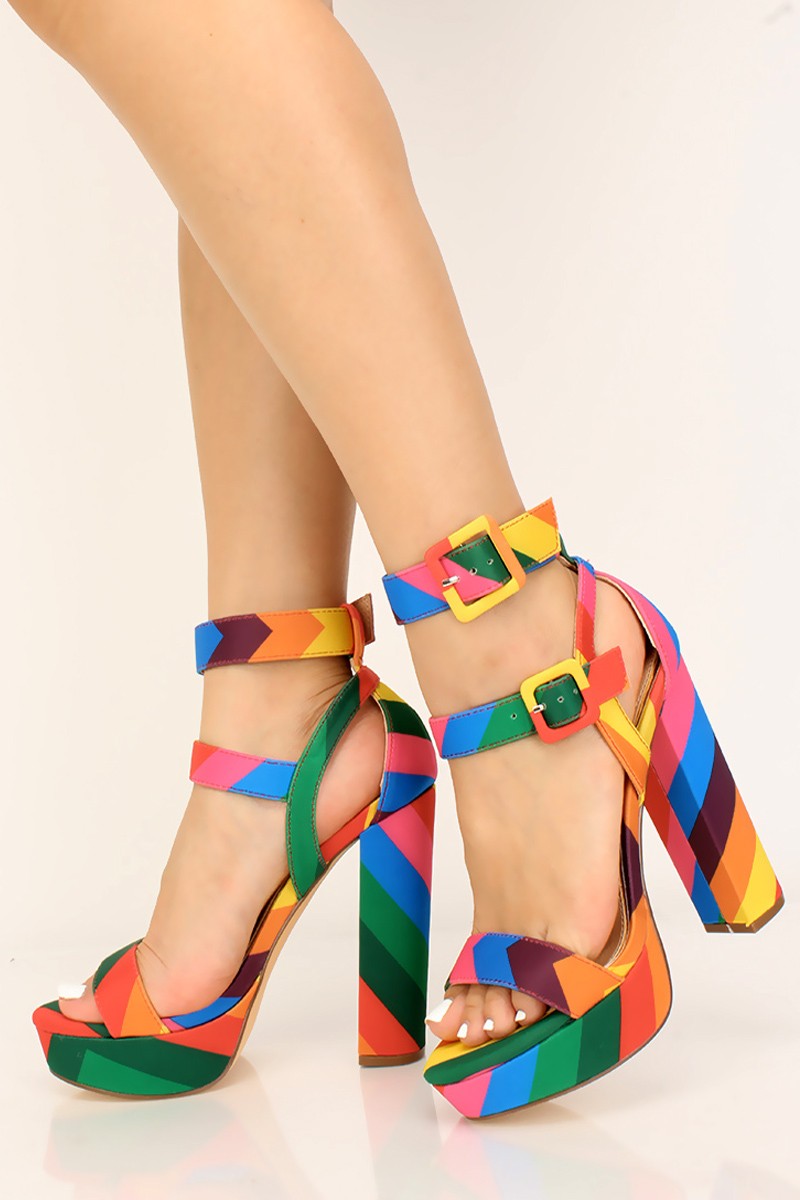 Rainbow Striped Platform Chunky Heels – Shoes Post