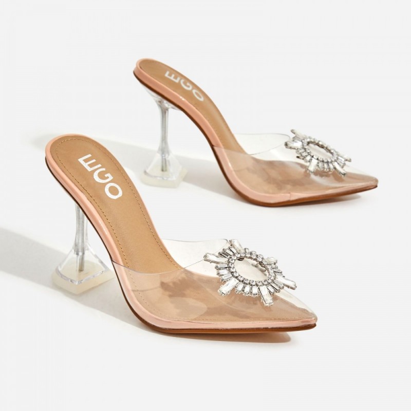 kilo peep toe perspex clear heel mule in nude patent