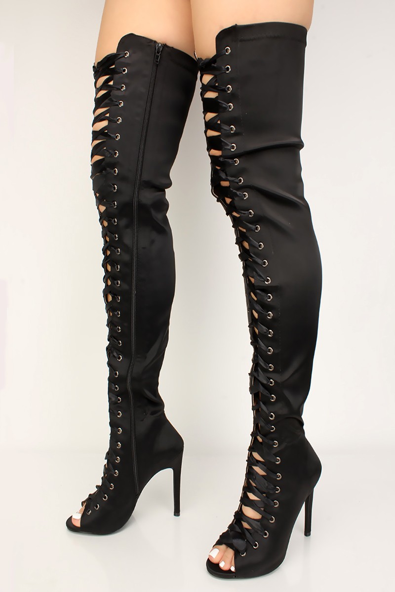 Black Faux Leather Thigh High Heel Boots – Shoes Post