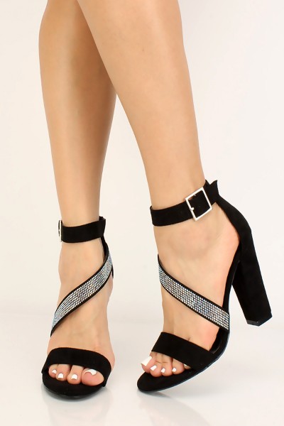 black chunky heels with rhinestones
