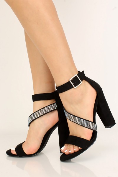 black chunky heels with rhinestones