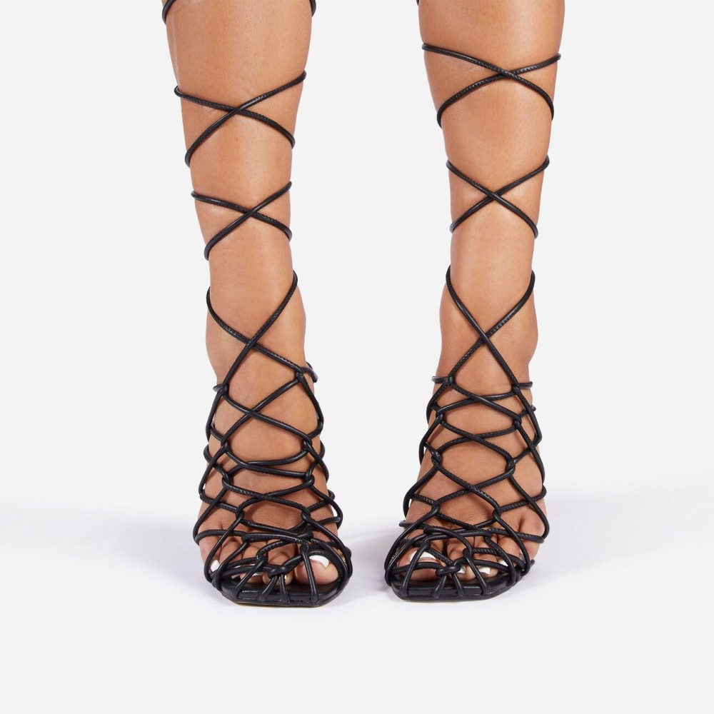 Show-Off Lace Up Strappy Closed Square Toe Metallic Heel In Black Faux ...