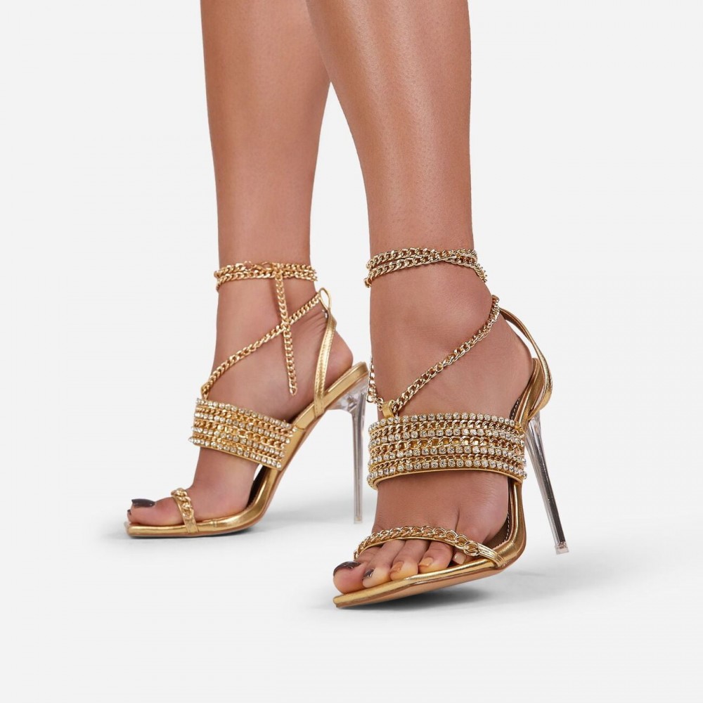 La-Scene Chain Detail Lace Up Square Toe Clear Perspex Heel In Gold ...
