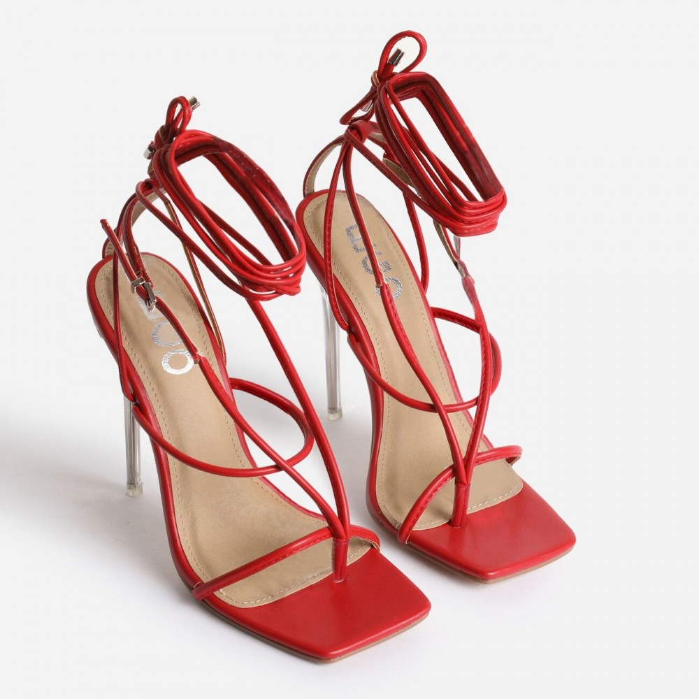 True Square Toe Lace Up Clear Perspex Heel In Red Faux Leather – Shoes Post