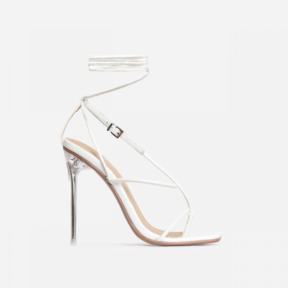 True Square Toe Lace Up Clear Perspex Heel In White Faux Leather ...