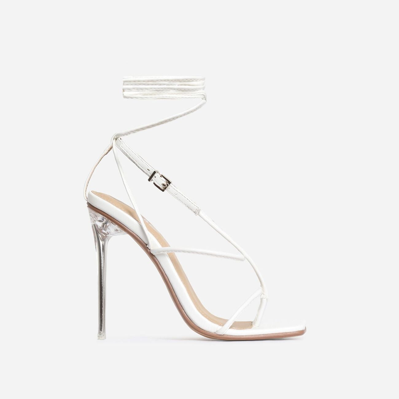 True Square Toe Lace Up Clear Perspex Heel In White Faux Leather ...