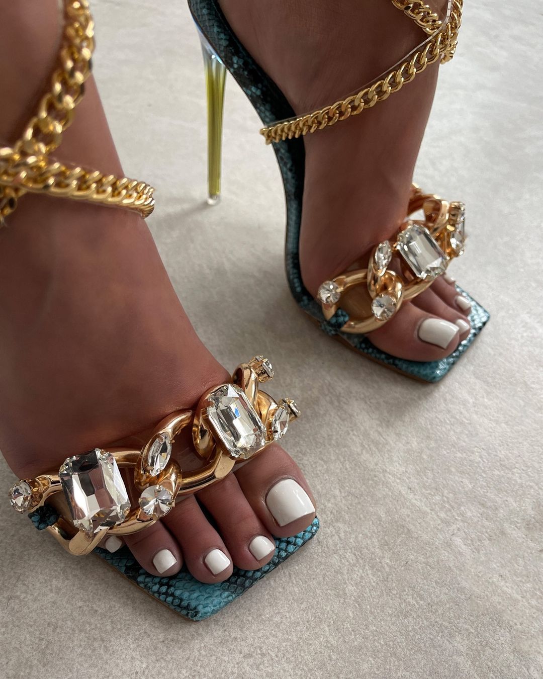 Obsessed Diamante Gem Chain Detail Square Toe Perspex Heel In Blue ...