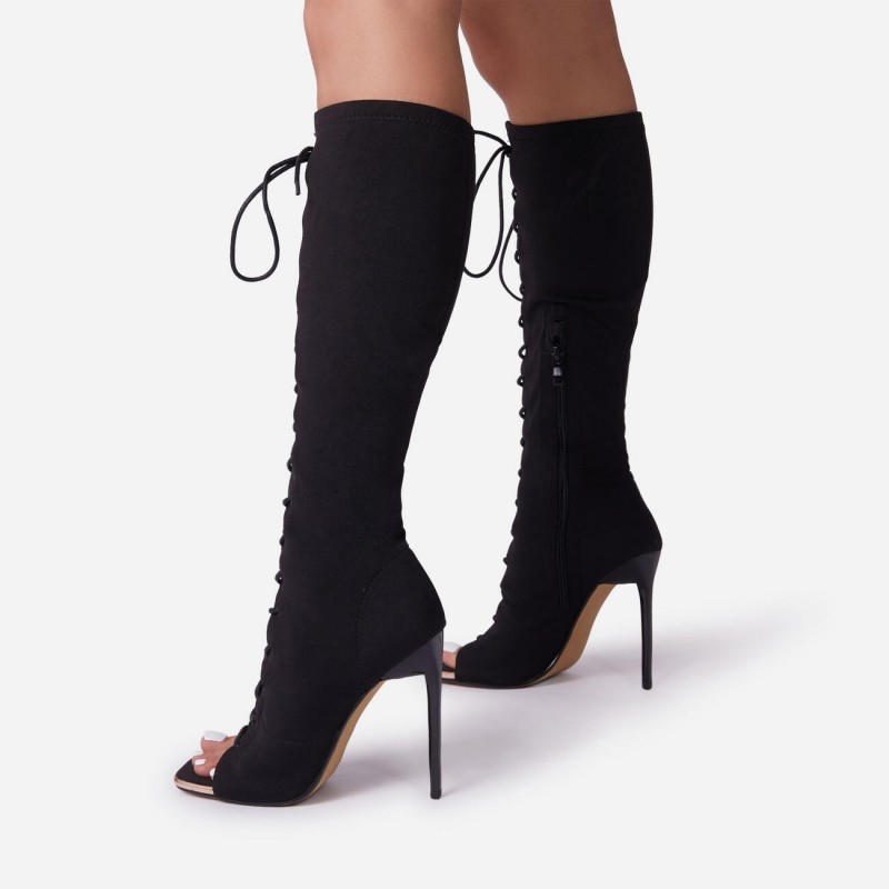 Embers Lace Up Square Peep Toe Knee High Ankle Sock Boot In Black Knit ...